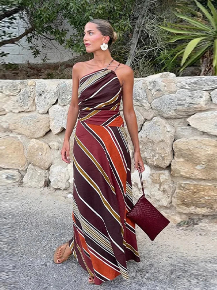 Striped Strap Sleeveless Backless Long Dress Women High Waist Vacation Street 2025 Female Dresses Party Club Chic Lady Robe 250905