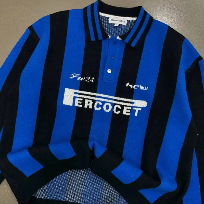 Double tone polo collar sweater with ed letters vintage pullover for men loose striped top winter 250905