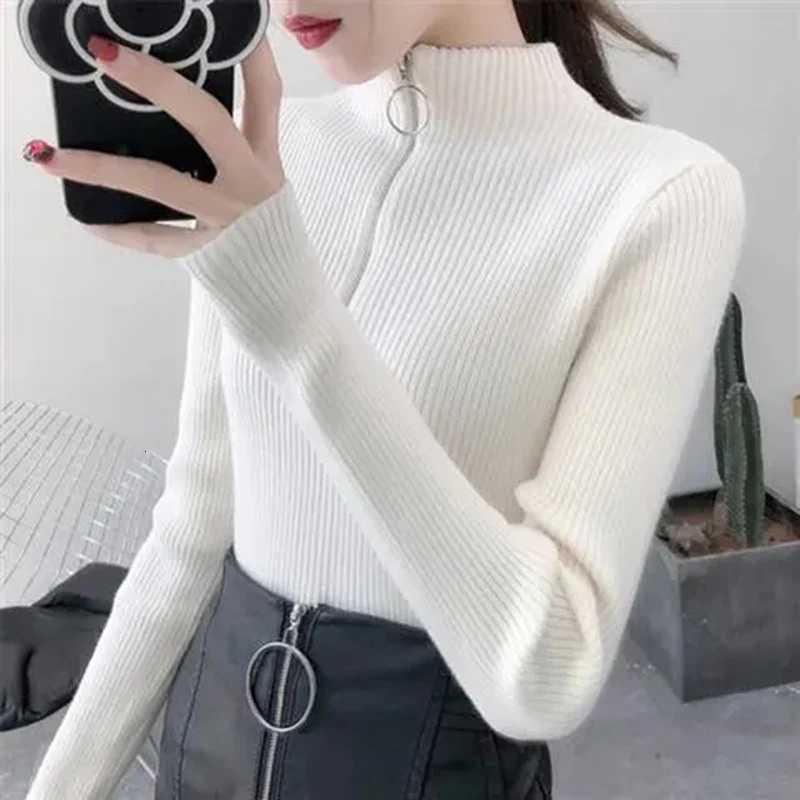 Knitted Women Zipper Half High Neck Sweater Pullovers Autumn Winter Basic Women Sweaters Slim Solid Knitwear Pull Femme Tops Z250905