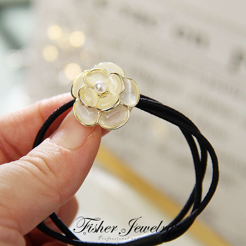 DHcollections 2025 Cat Eye Retro Camellia Alloy Hair Tie, Girls' Hair Rope for Ponytails/Buns, Cat Eye-White Tea Lady/Cat Eye-Three-Layer Rubber 