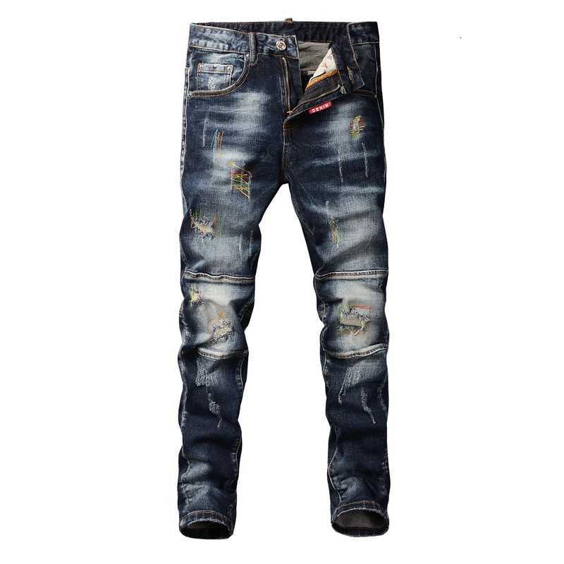 Fashion Streetwear Men Jeans Retro Black Blue Elastic Slim Fit Ripped Jeans Men Spliced Designer Embroidery Hip Hop Denim Pants W250905