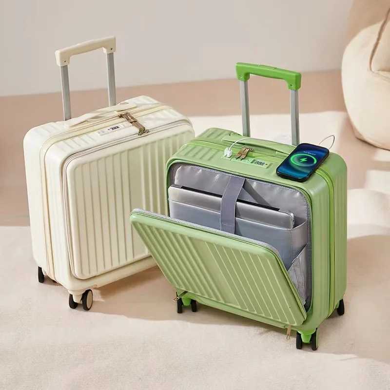 Multifunction front opening 18 small trolley case password suitcase Cabin travel bag USB charging luggage suitcases on wheels Z250905