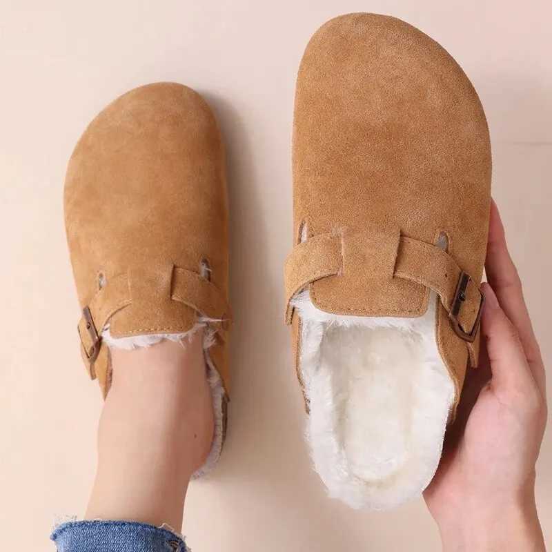 Fur Boston Clogs For Women Winter Fashion Cork Insole Warm Plush Slippers Shoes With Arch Support Cozy Home Furry Suede Mules W250905