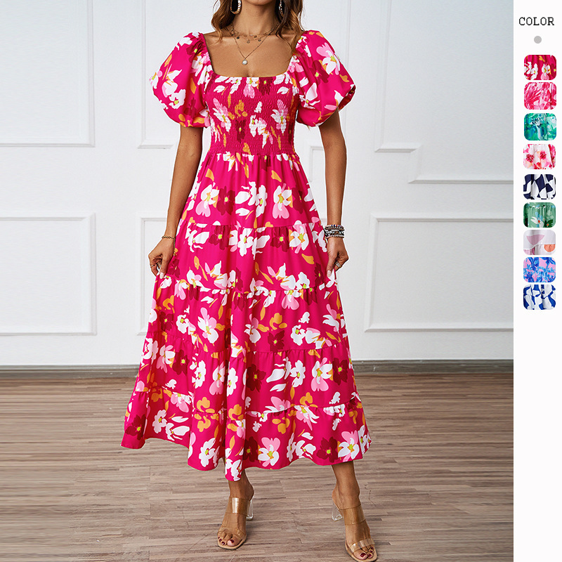 Summer New Elegant OffShoulder Printed Puff Sleeve Dress for Women