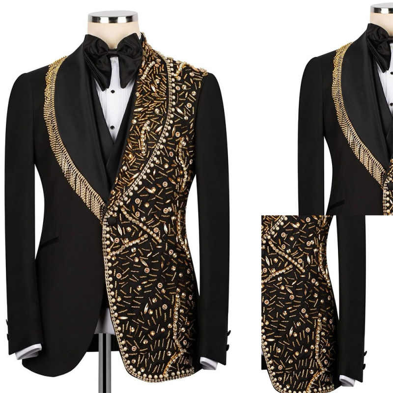 Luxurious 2 Pieces Men Suits Shawl Lapel Single Breasted Tuxedos Crystals Beading Prom Male Party Customized Outfits
