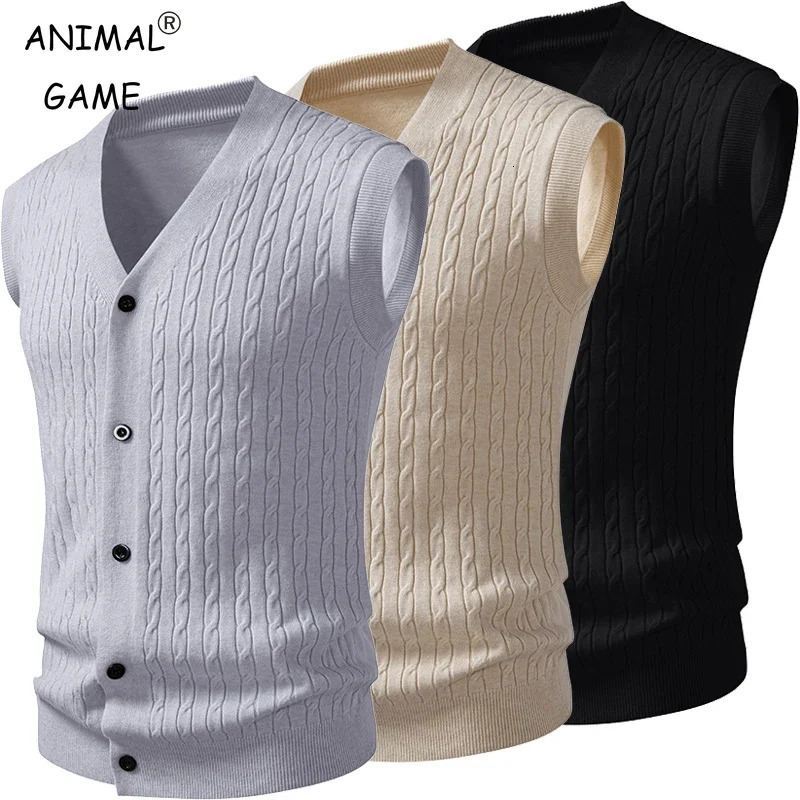 Autumn Mens Knit Sweater Vest V Neck Button Down Sleeveless Cable Cardigan Outdoor Business Lightweight Sweaters Vests 250905