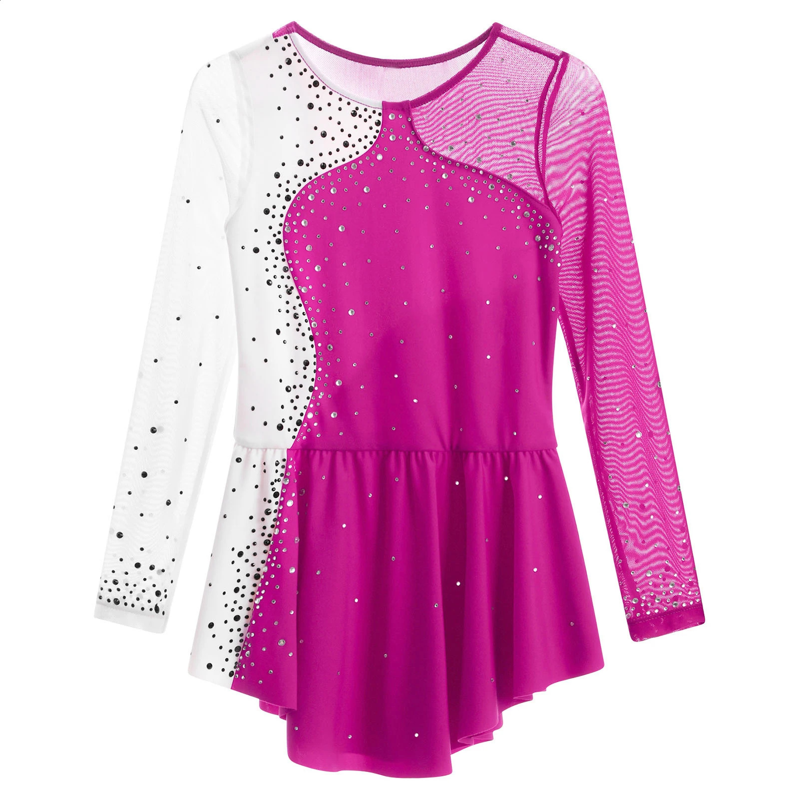 Girls Figure Ice Skating Dresses Long Sleeve Rhinestone Tights Gymnastics Dress Leotard Ballet Dance Performance Costume 250904