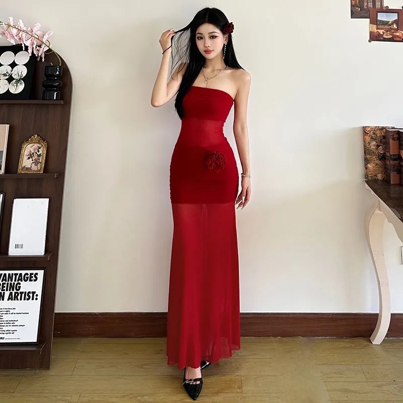 DR88 mesh tube top dress design slim temperament long skirt