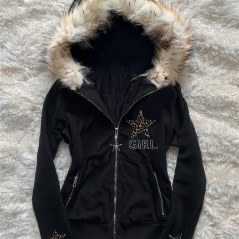 Autumn and winter retro black star leopard pattern women fur collar zipper hoodie fashionable street Harajuku waist jacket 250904