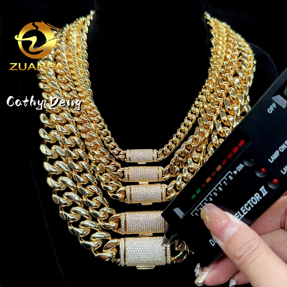 Instock Hip Hop 8mm 10mm 12mm 14mm 18mm 316LStainless Steel Cuban Chain With 925 Silver Moissanite Clasp Cuban Necklace Bracelet