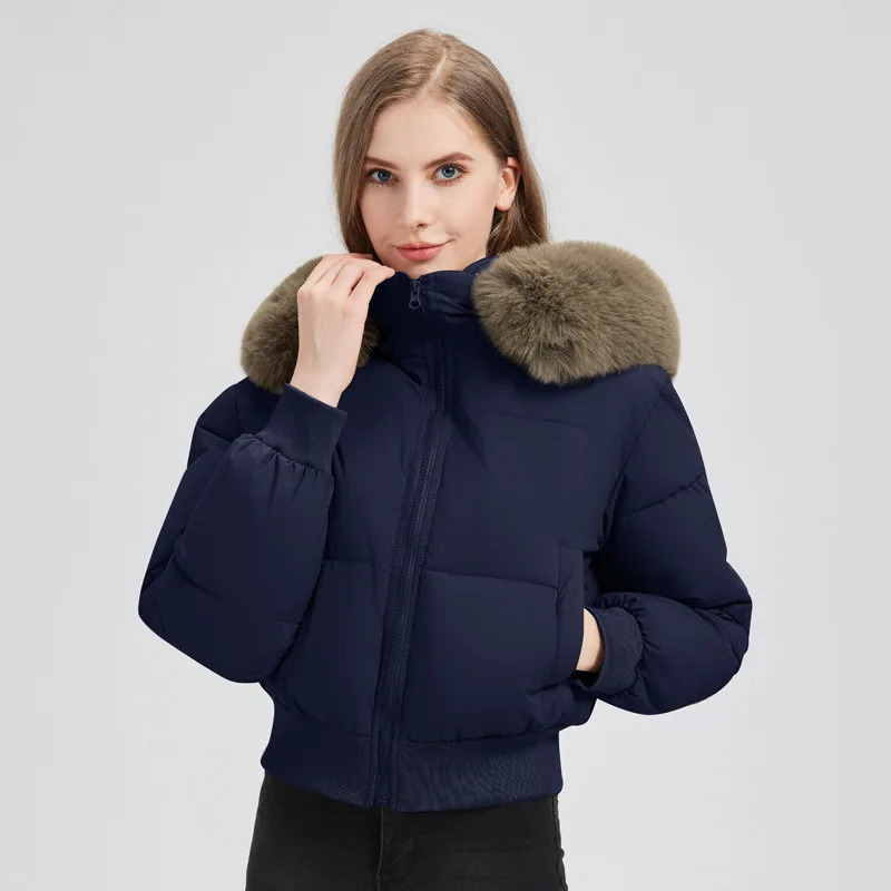 2025 Thick Short Womens Winter Jacket Parkas Down Cotton Casual Warm Fur Hooded Cropped Outwear 250905
