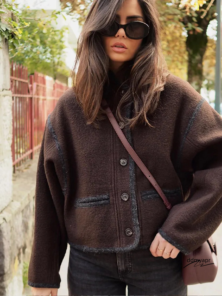 Casual Single-Breasted Woolen Coat Women Autumn Winter Chic Long Sleeve Stand Collar Brown Jacket Female Fashion ddmydec Streetwear 240815