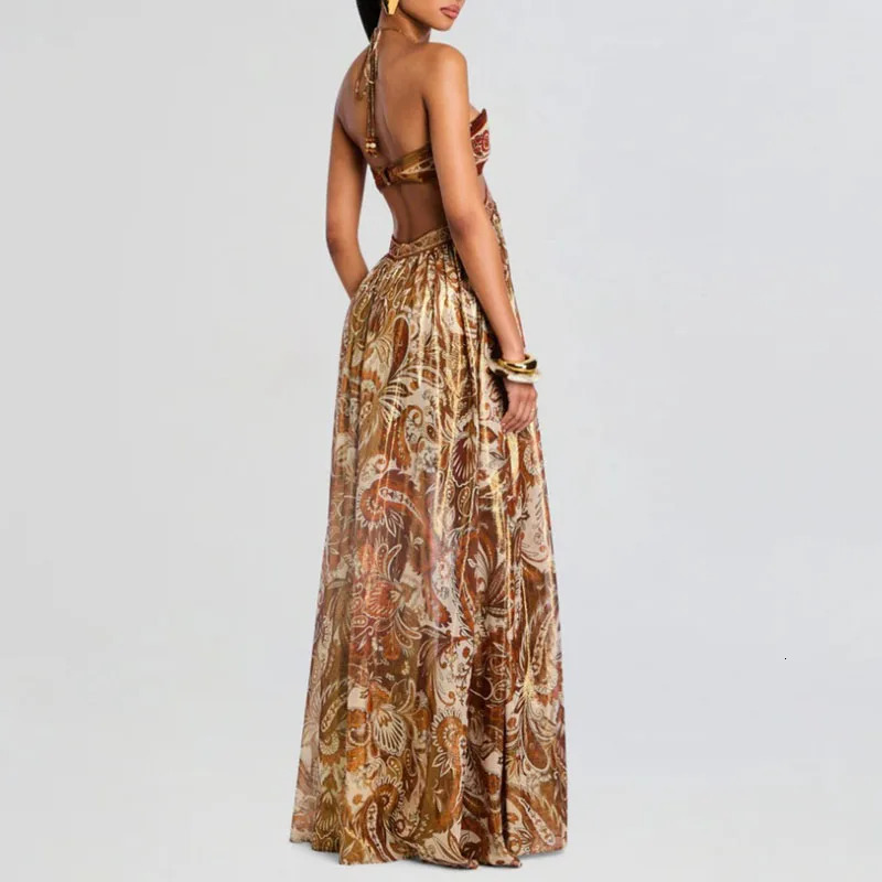 Women Hanging Neck Sleeveless Waist Maxi Dress Sexy Floral Print Hollow Out Backless Holiday Dress Lady Chic Evening Gown 250905