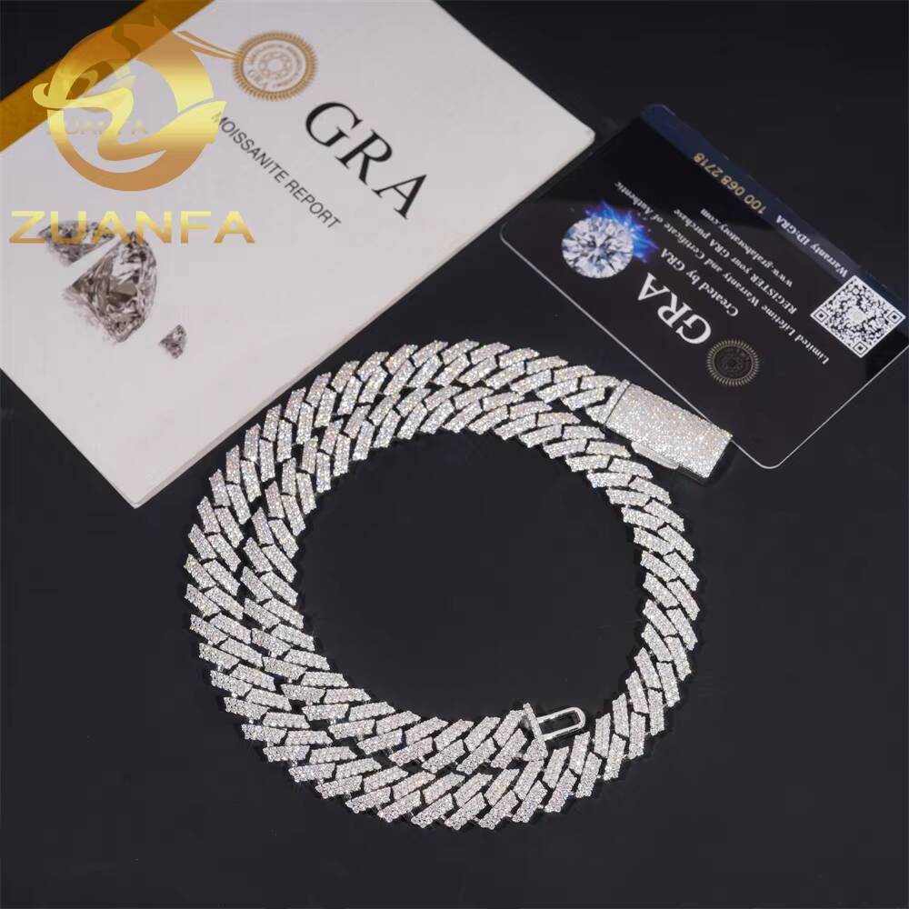 12mm 2Row Moissanite Hip Hop Jewelry 925 Sterling Silver Cuban Link Chain for Men Moissanite Link Pass Diamond Tester