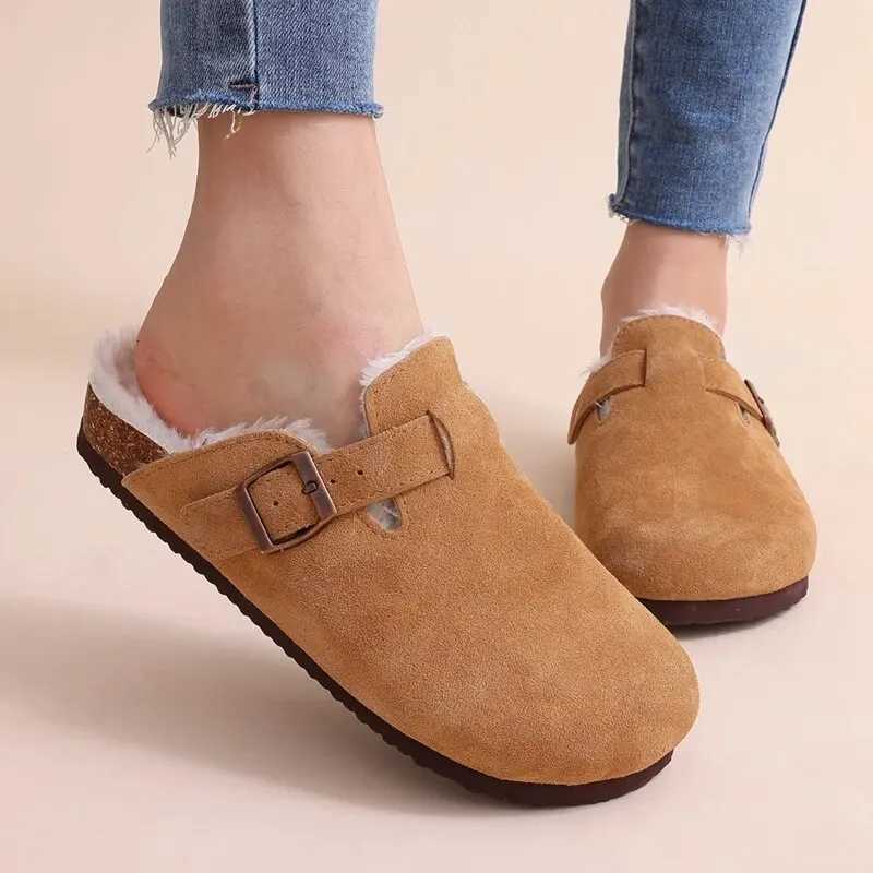 Fur Boston Clogs For Women Winter Fashion Cork Insole Warm Plush Slippers Shoes With Arch Support Cozy Home Furry Suede Mules W250905