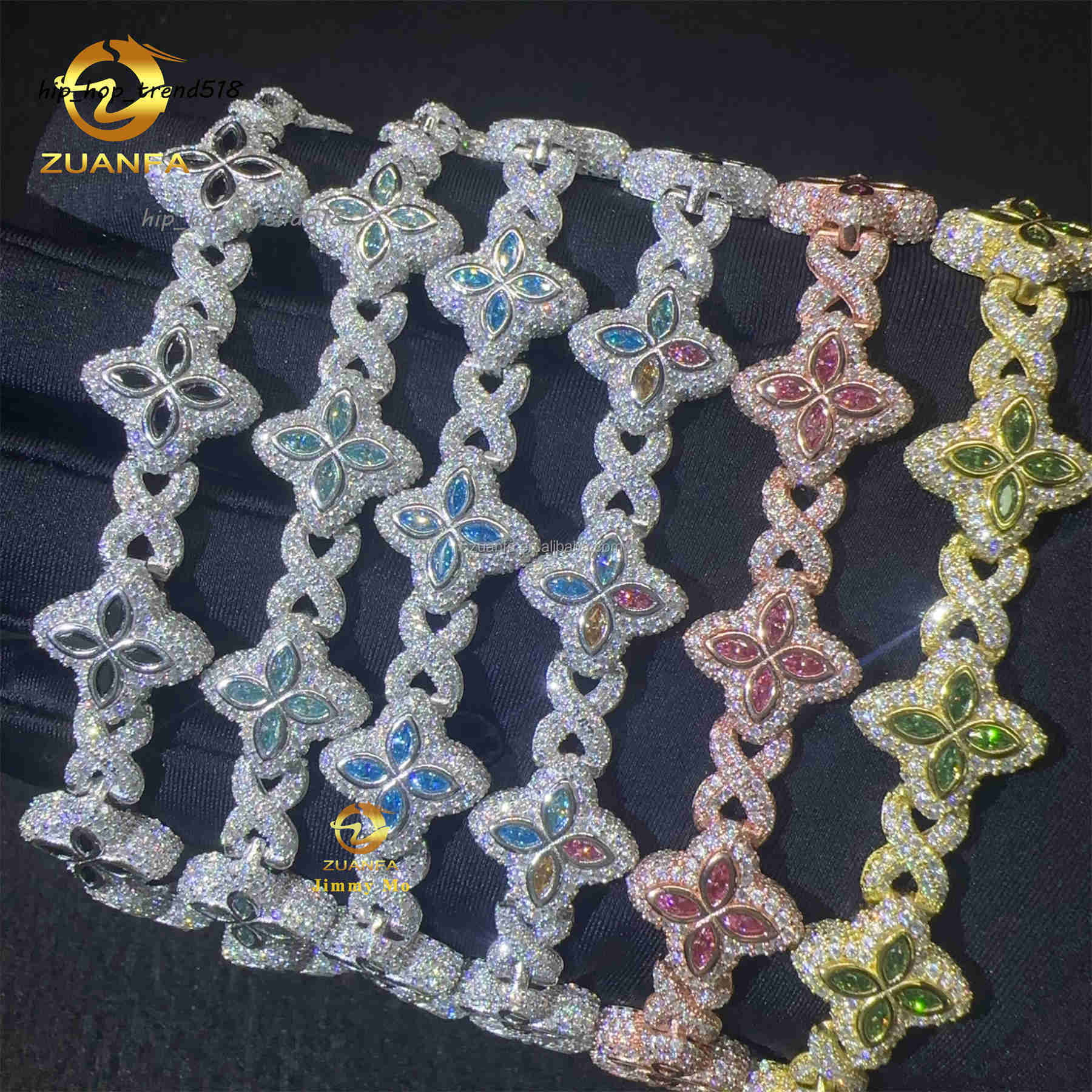 Bulk Stock New Design 15mm Marquise Flower Design Hip Hop Jewelry Iced Out Moissanite Diamond Infinity Cuban Link Bracelet Men