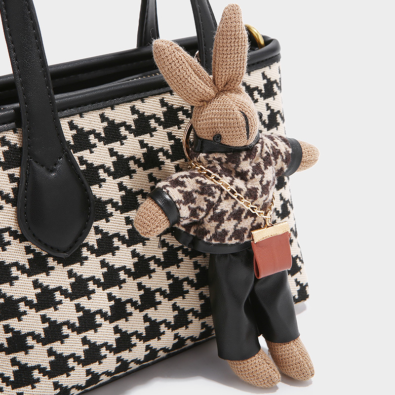 2025 New Autumn/Winter Small Rabbit Pendant Crossbody Bucket Bag Classic Thousand Bird Grid Pattern Handbag fashion Designer