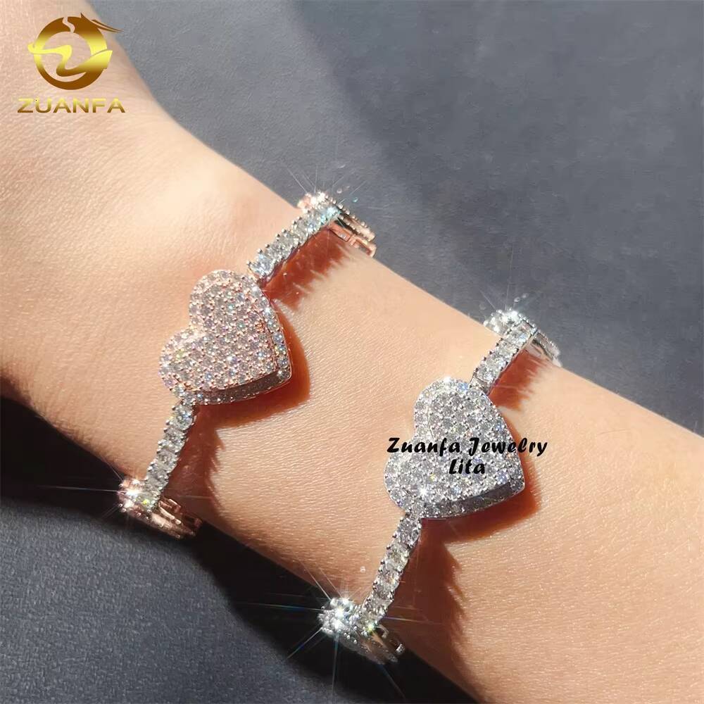 Hip Hop New Fashion Heart Two Tone 3MM Diamond 925 Sterling Silver Moissanite Tennis Chain Bracelet