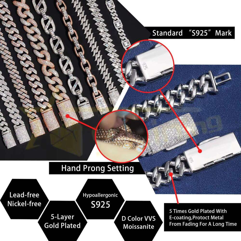 Hot Selling Hip Hop Jewelry 6mm 8mm 10mm Sterling Sier 14K Gold Iced Out Link Moissanite Cuban Bracelet