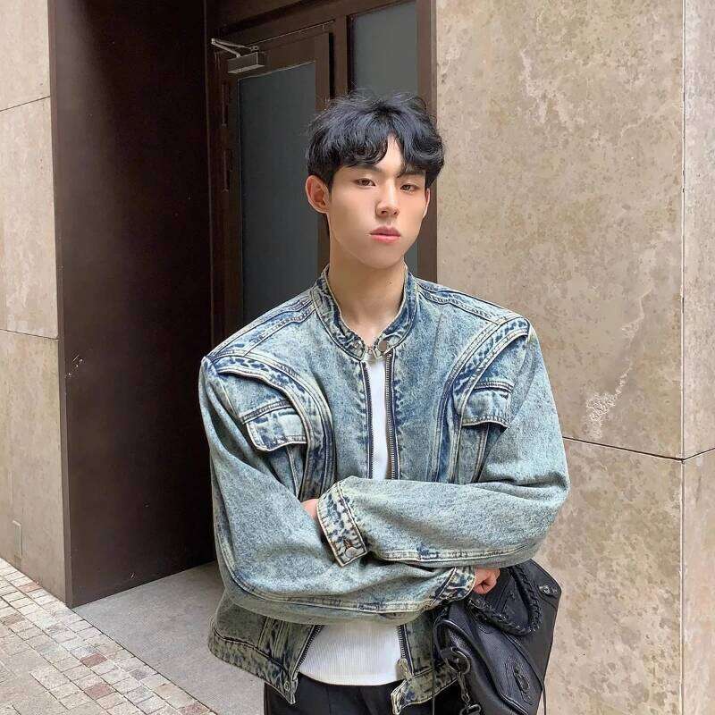 American Short Denim Jacket Mens Shoulder Pad Fashion Hip-hop Zipper Coats Deconstructing Design High Street Trendy Outwear