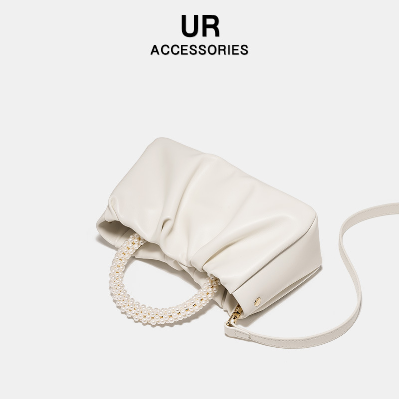 French Niche Pearl Handbag Cloud 2025 New Women's Crossbody Soft Leather Pleated Bucket Bag fashion Designer
