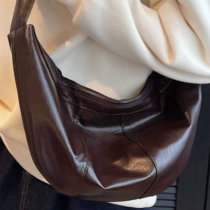 Women's Banana Crossbody Bag Aesthetic Coffee Lacquer Large Female Handbag Oil Wax Leather Lovers' Half Moon Shoulder Bags