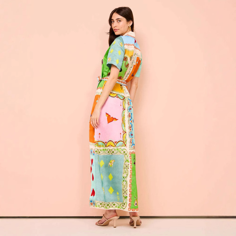 2025 Spring New Womens Fashion Elegant Printed Cardigan Lapel Tie Dress