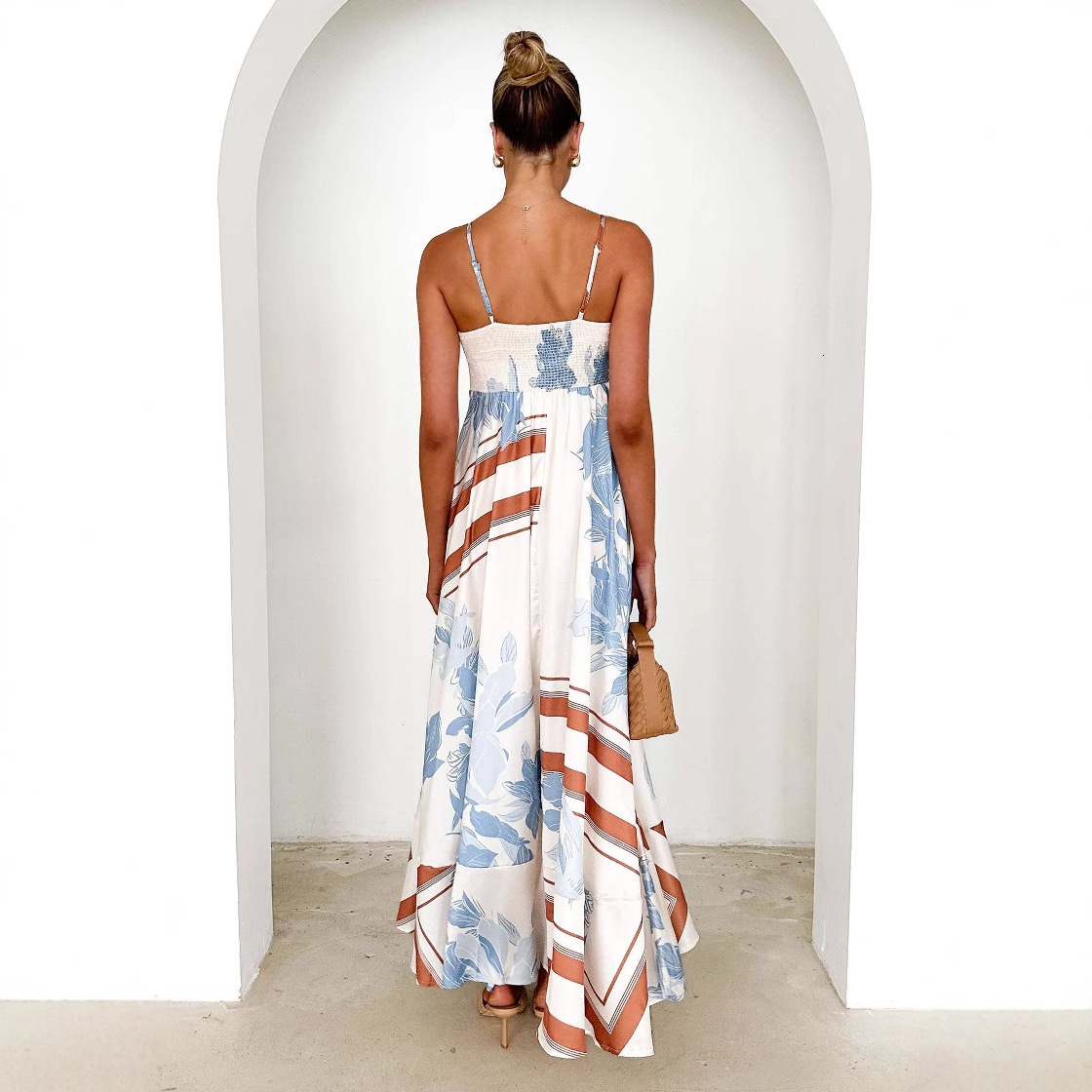 2025 Womens Summer Fashion Printed Backless Strap Sexy Flared High Waist Dress