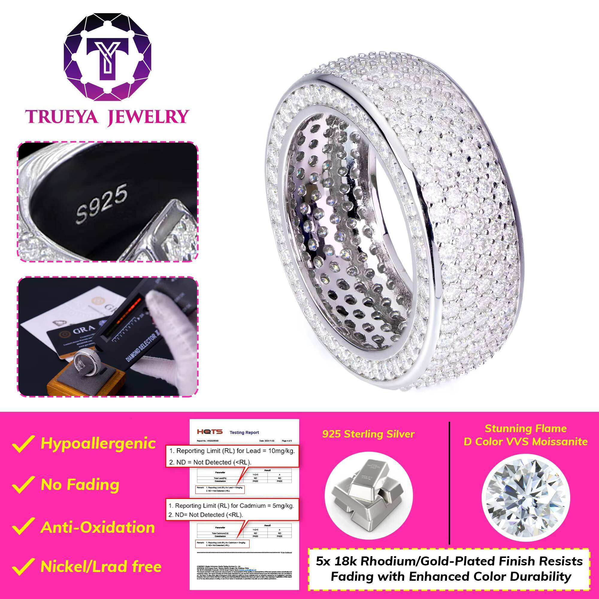 Wholesale Custom Luxury Fine Jewelry Sterling Silver 925 Hip Hop Cuban Iced Out Diamond Mossanite Moissanite Rings for Men Women