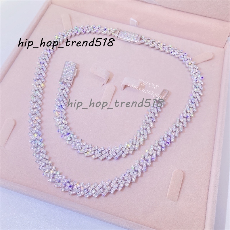 Hotsale 925 Sterling Silver Prong Setting Iced Out VVS Moissanite Diamond Cuban Link Chain Set