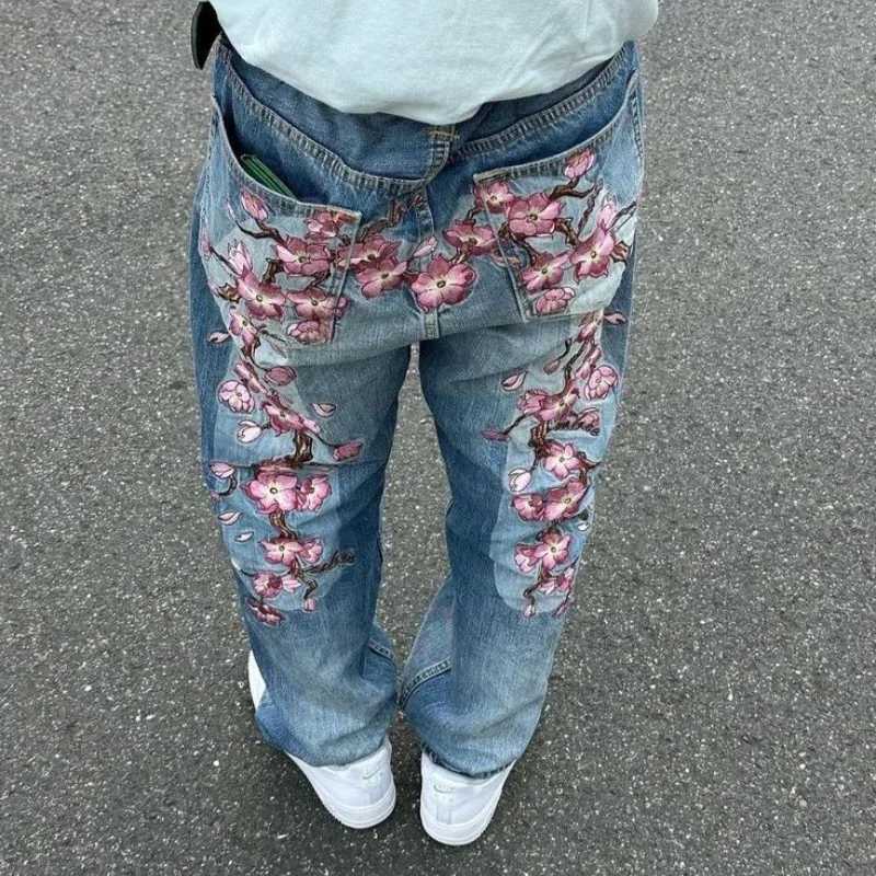 American Gothic Retro Cherry Blossom Print Loose Jeans Female Y2K Harajuku HipHop Casual Joker Wide Trousers For Street Wear W250905