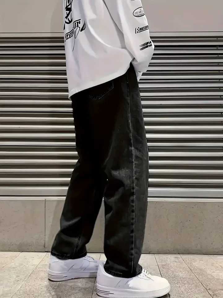 Mens Loose Fit Straight Leg Jeans 65 Cotton 35 Polyester Blend Dark Gray Casual Washed Jeans 390gsm Heavyweight Fabric A W250905