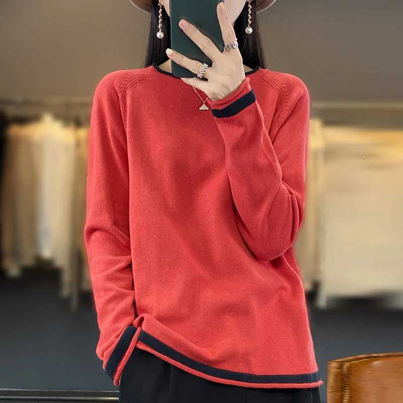 100 Cotton Knitwear Womens Round Neck Sweater Spring And Summer New Loose Color Matching Cotton And Linen Bottoming Shirt Z250905