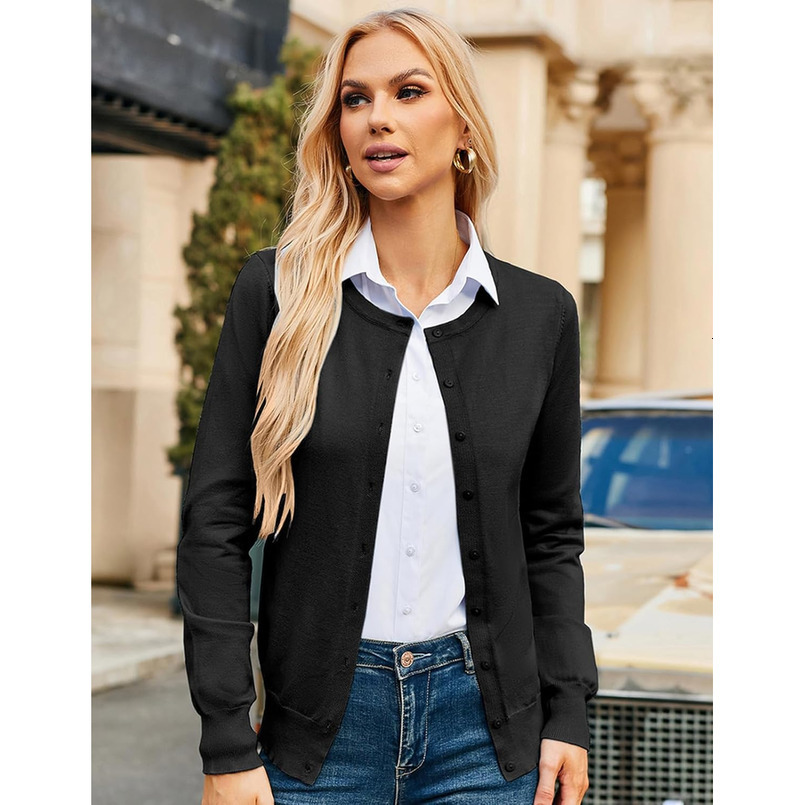 Women's Long Sleeve Button Down Crew Neck Classic Sweater Knit Cardigan