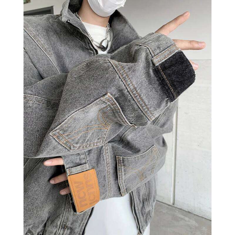 Retro Inverted Label Denim Jacket Mens Autumn Heavy Weight Washed Tooling Cowboy Coats Multi Pocket Stand Collar Hip Hop Outwear