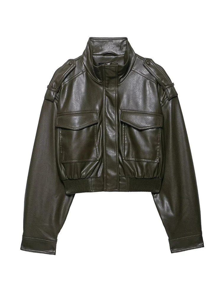 Women Faux PU Leather Short Jacket Casual Chic Stand Collar Slim Fit Cropped High Street Pocket Motorcycle Coat 250905