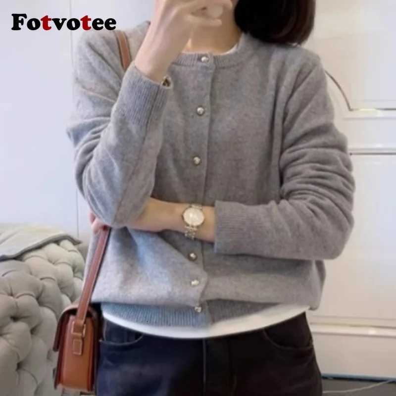 FOTVOTEE Solid Simple Women Cardigan Casual Loose Long Sleeve O Neck Single Breasted Knitted Cardigans 2025 New Fashion Sweater Z250905