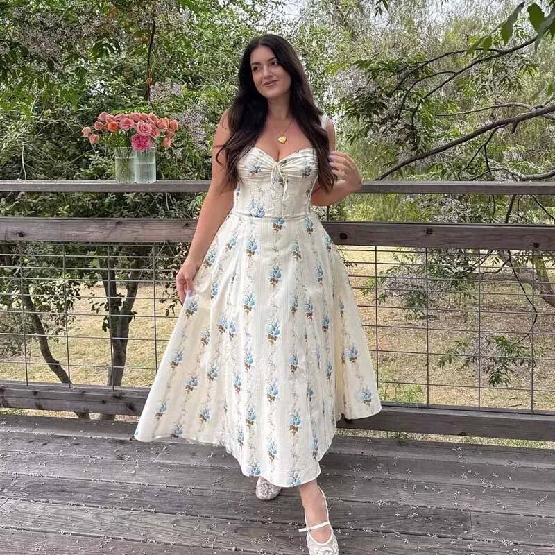 2025 New Fashion Women's A-line Midi Elegant Party Skirt Sexy Wide Shoulder design Strap Lace Splicing Festival Summer Printed Dress Designer Clo