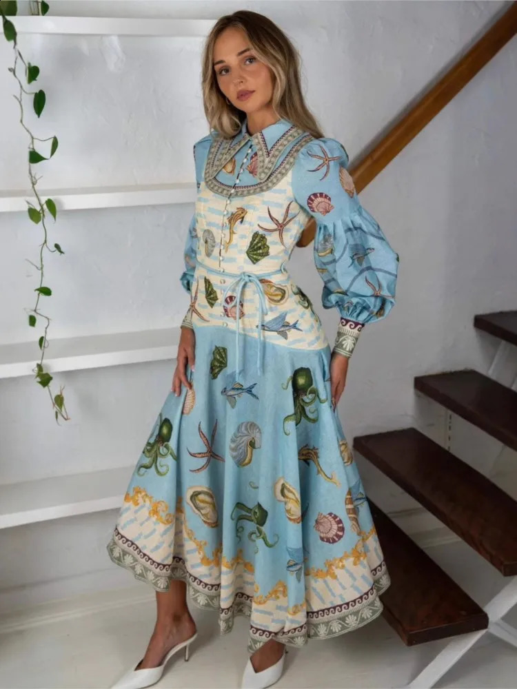 Women Vintage Floral Printed Shirt Collar Dresses Puff Sleeve Single Breasted Spring Summer Long A Line Female Elegant Vestidos 250904