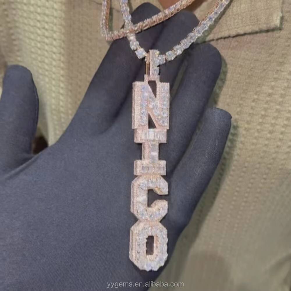 Custom Letters Long Pendant Baguette Moissanite 925 Sterling Silver Gold Plate Hip Hop Fashion Vertical Pendant Necklace Men