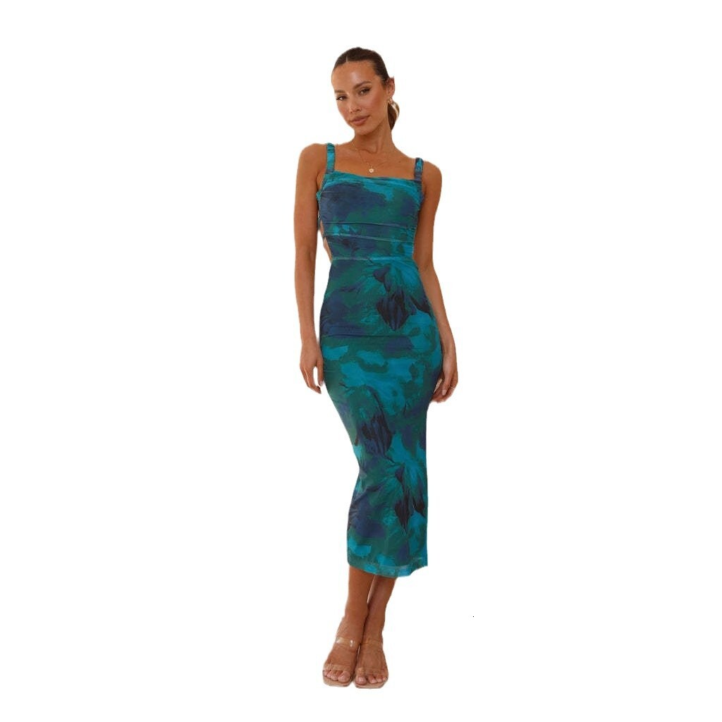 2025 Womens Spring New Sleeveless Slimming Strap Backless OffShoulder Printed Split Dress