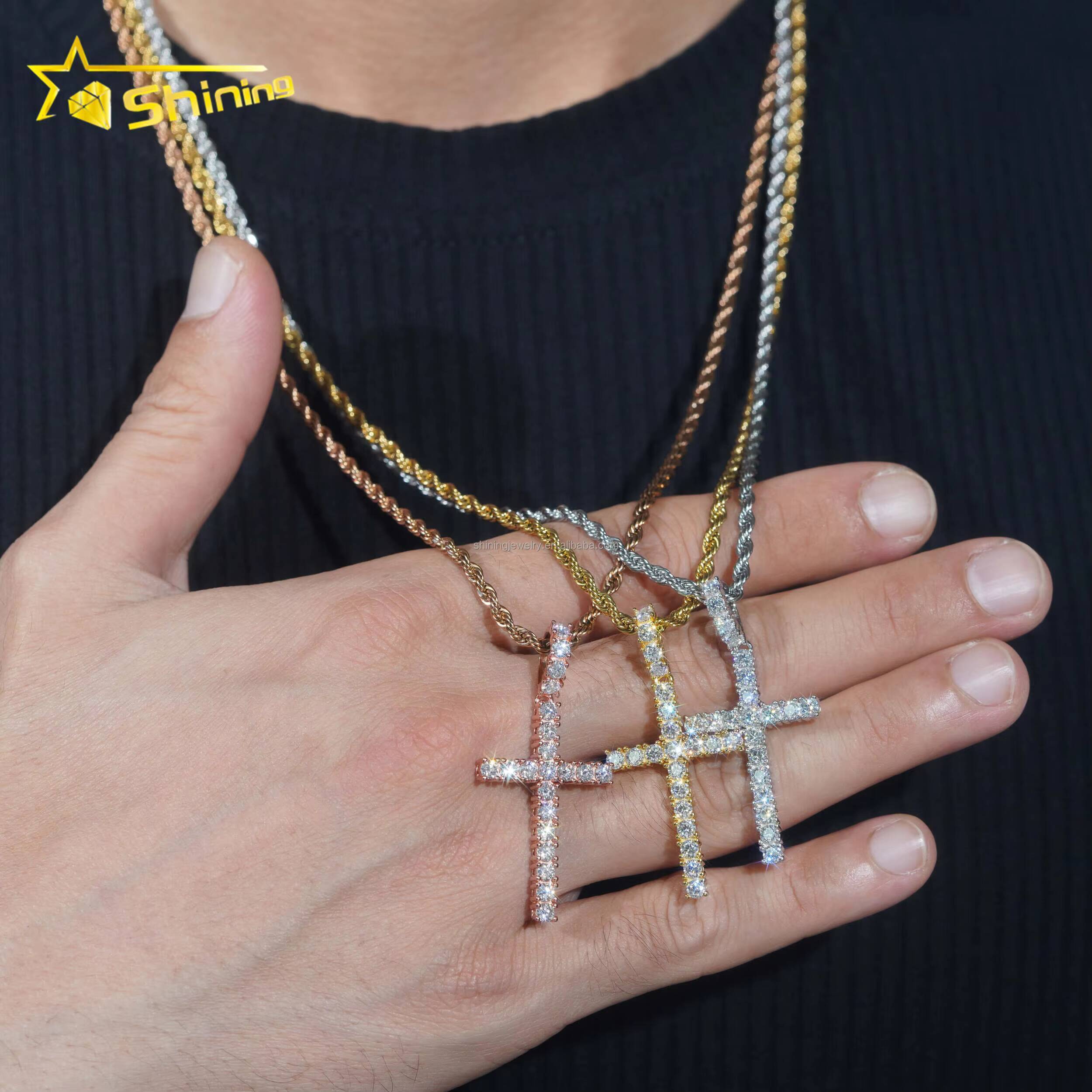 Bulk Stock Unisex Hot Selling RTS GRA Certified 925 Sterling Silver Gold Plated VVS1 Moissanite Diamond Cross Pendants Gift