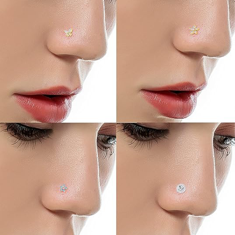 9Pcs Nose Rings Stud L Bone Screw Shaped Nose Ring Flower CZ Snowflake Butterfly Nose Stud Body Piercing Jewelry for Women Men 20G Silver Tone
