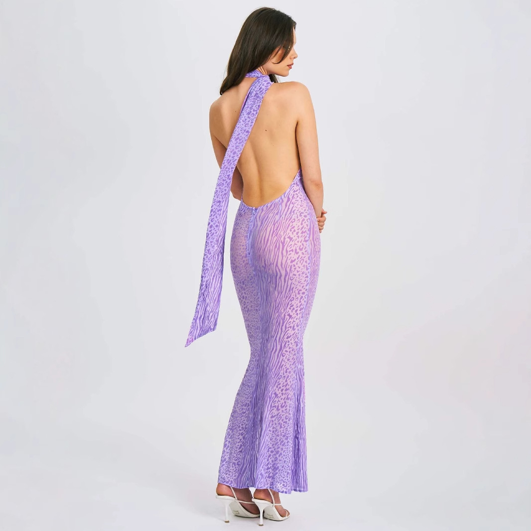 25 Strap Backless Sexy Halter High Waist Sheer Mesh Asymmetrical Shoulder Slim Dress