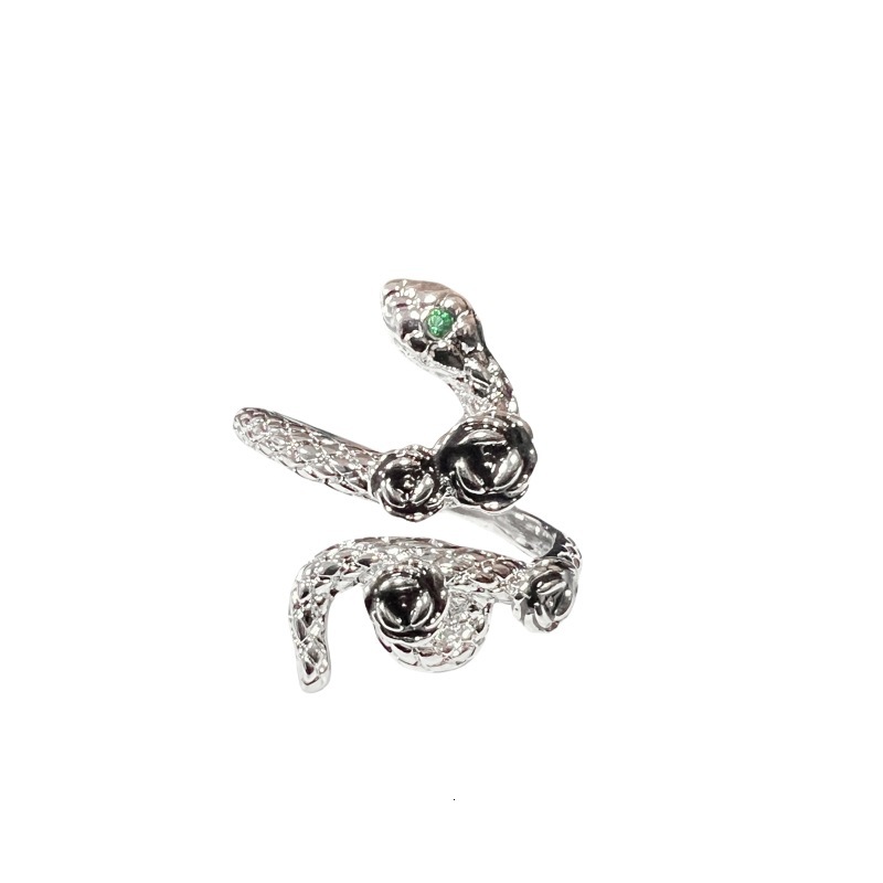 Green Eye Zircon Oil Drop Rose Flower Open Three-Dimensional Wrapped Snake Shape Niche Personality Ring
