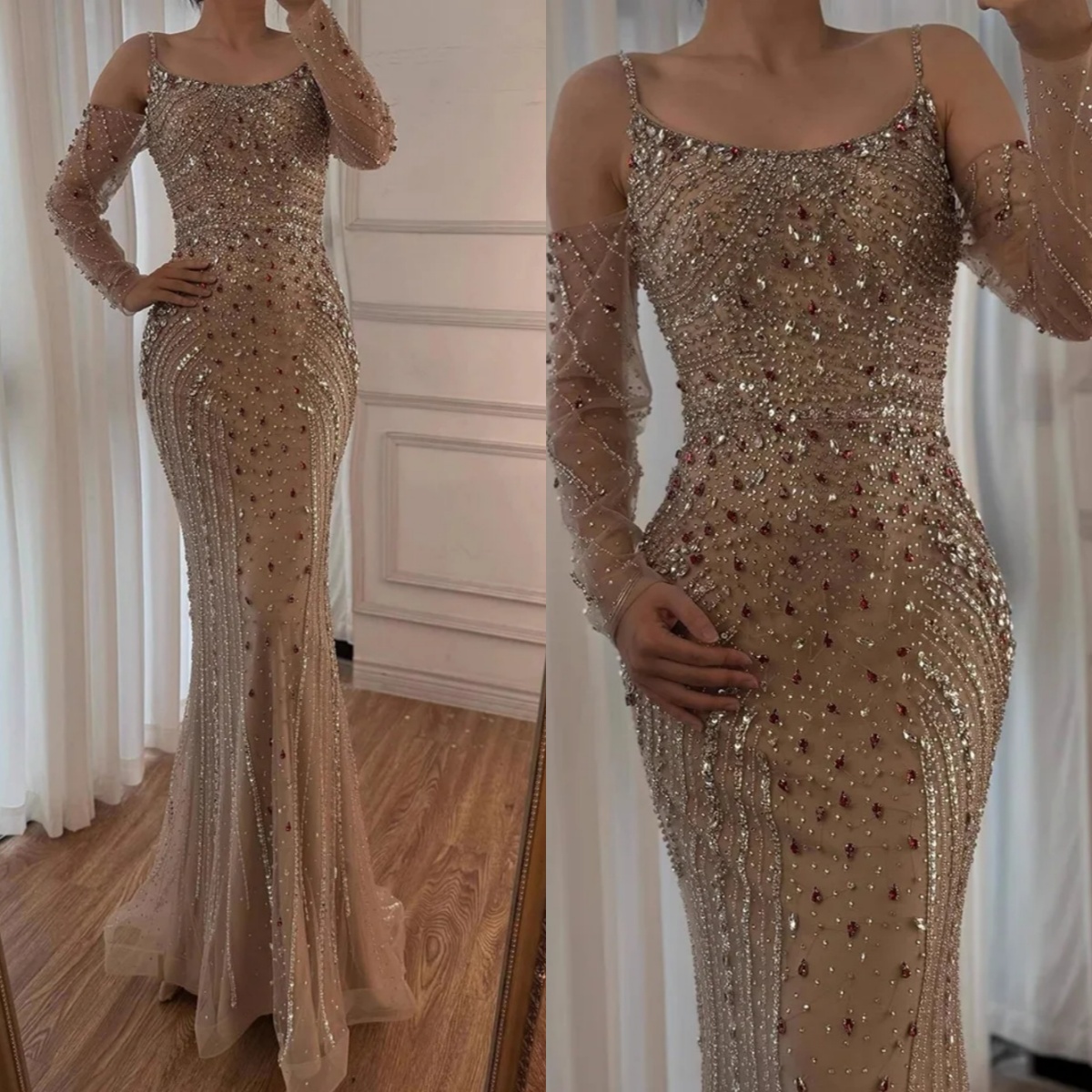 Designer Mermaid Evening Dress Crystal Spaghetti Strap Prom Gowns Beading Long Sleeve Floor Length Party Dresses Customized