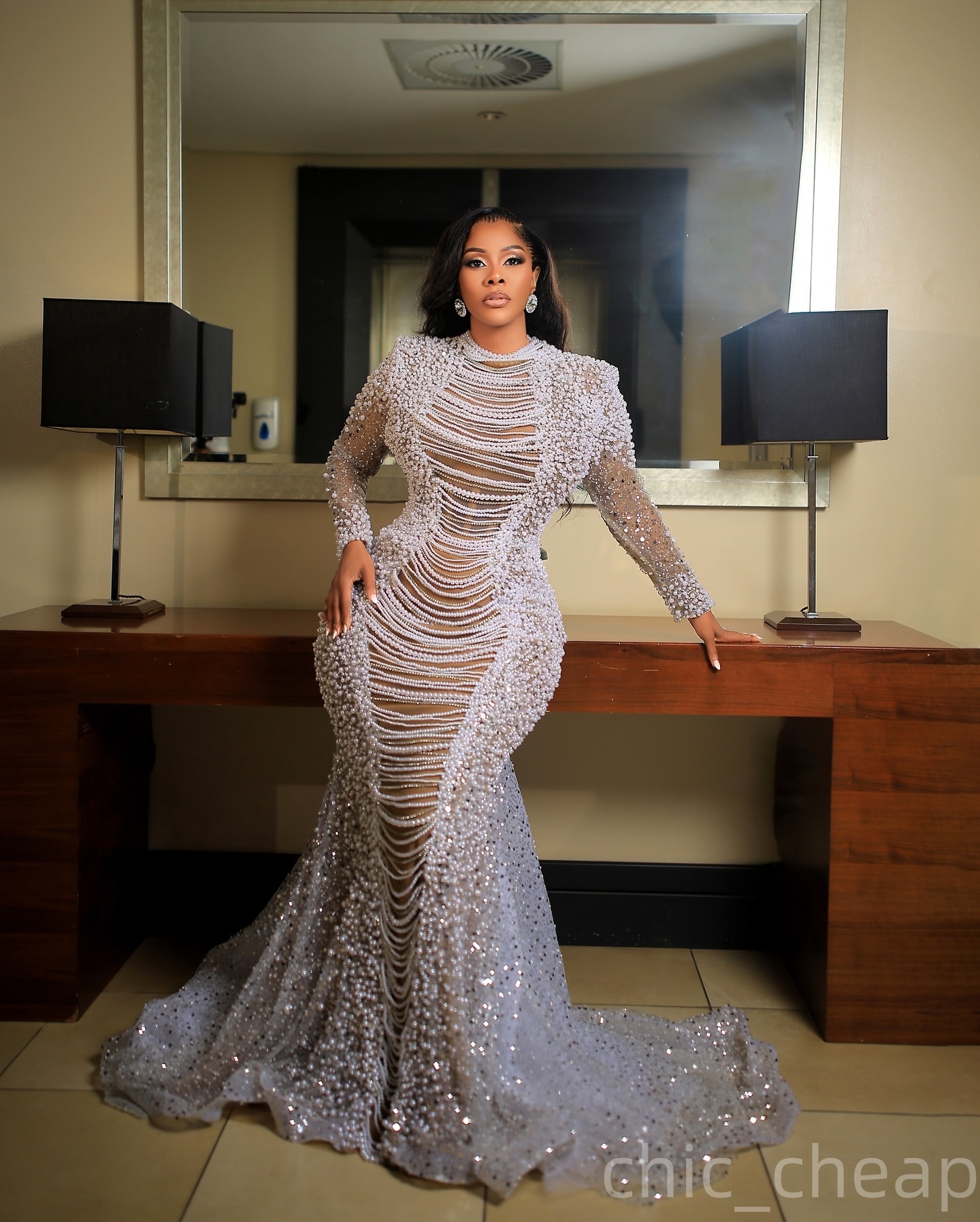 Aso Ebi Ivory Mermaid Prom Dresses 2025 Pearls Beadings Illusion Full Sleeves Evening Formal Party Second Birthday Engagement Dress Gowns robe de mari