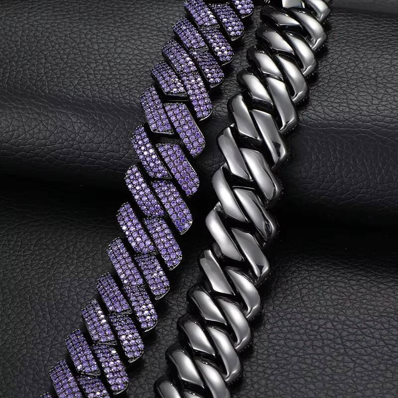 Big Heavy 20mm Double Row 5A Moissanite Purple Color Stone Necklace Hip Hop Cuban Link Prong Chain