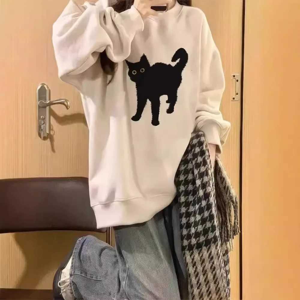 Womens Fleece Lined Oversized Long Sleeve Crew Neck Sweatshirt Cat Print Casual Loose Fit Autumn Winter Fashion Top Z250905