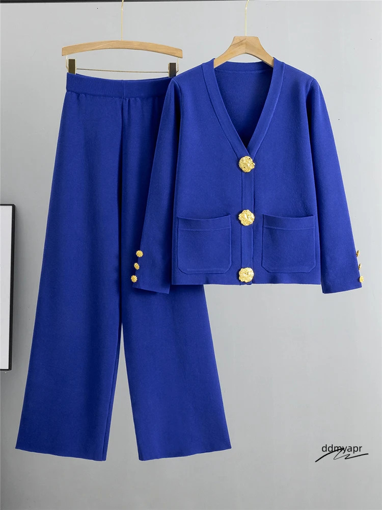 Fall Winter Womens Knit Sweater Sets Large Gold Button Vneck Cardigan Coats Conjunto ddmyday High Waist Baggy 95Cm Wide Leg Pants Suit 250106 ddmyday 